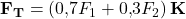  \mathbf{F_T} = \left(0{,}7 F_1 + 0{,}3 F_2\right)\mathbf{K} 