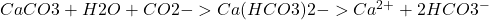  \begin{array}{l} \ce{CaCO3 + H2O + CO2 -> Ca(HCO3)2 -> Ca^{2+} + 2HCO3^{-}} \\ \end{array} 